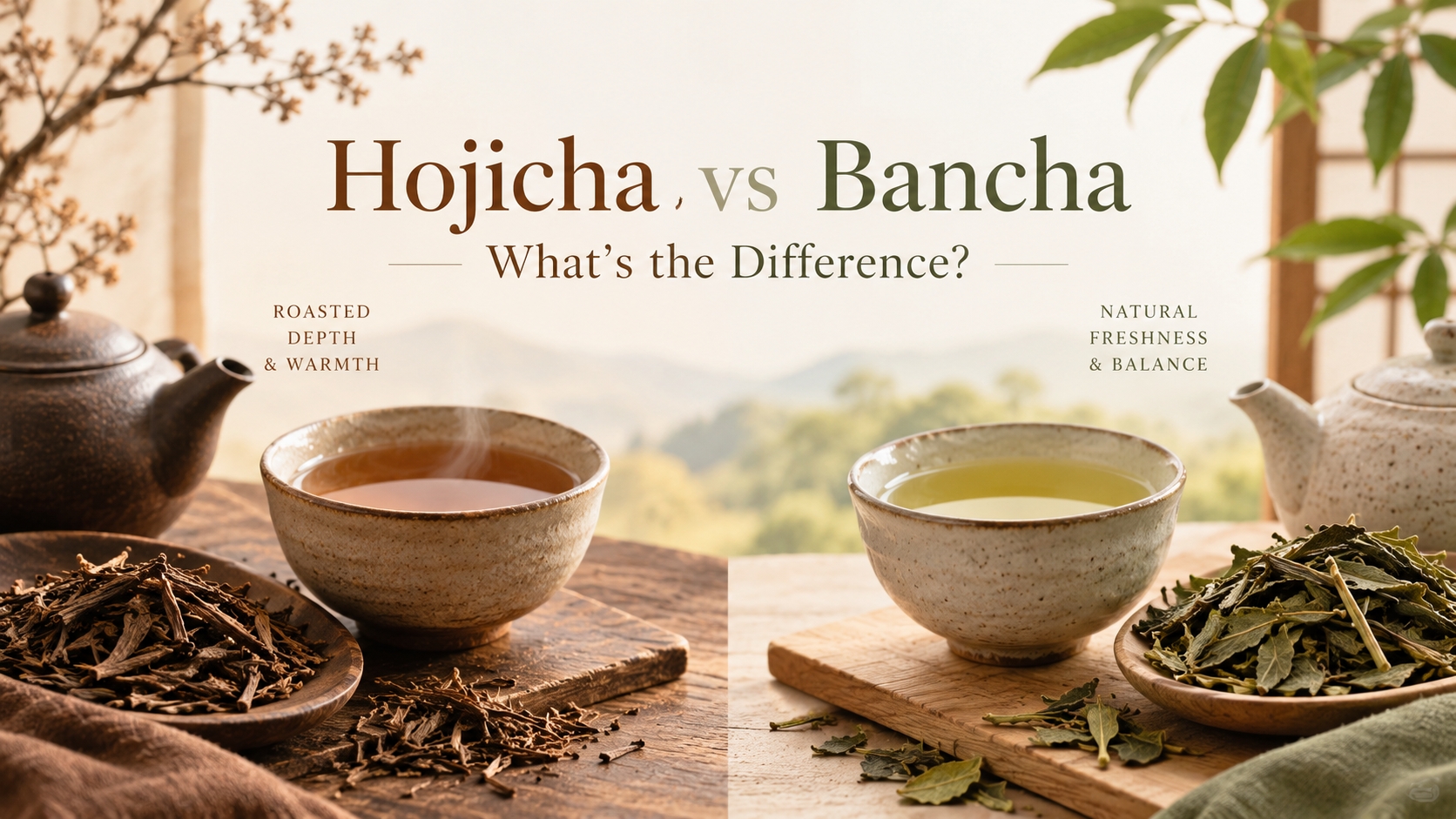 Hojicha vs bancha comparison showing roasted brown hojicha and green bancha