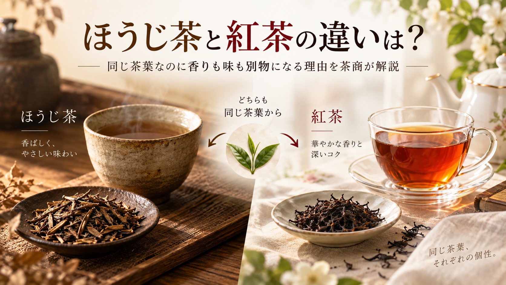 Hojicha vs black tea comparison showing roasted Japanese green tea and black tea