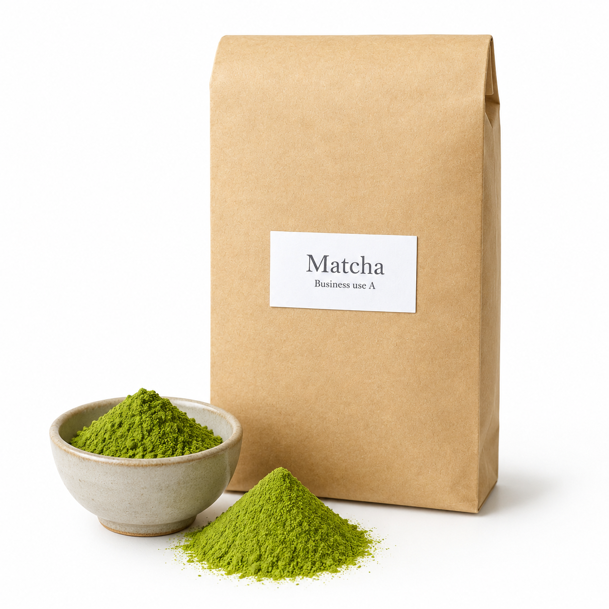 Sanrokuen Business Grade A wholesale matcha from Kumamoto, Japan, shown with vivid green matcha powder