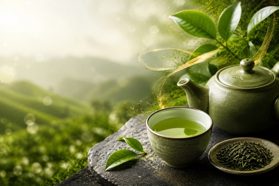 Japanese green tea with teapot, teacup, and loose tea leaves