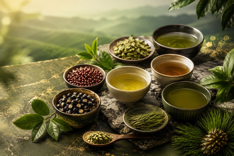 Assortment of Japanese herbal teas including beans, leaves, and tea cups