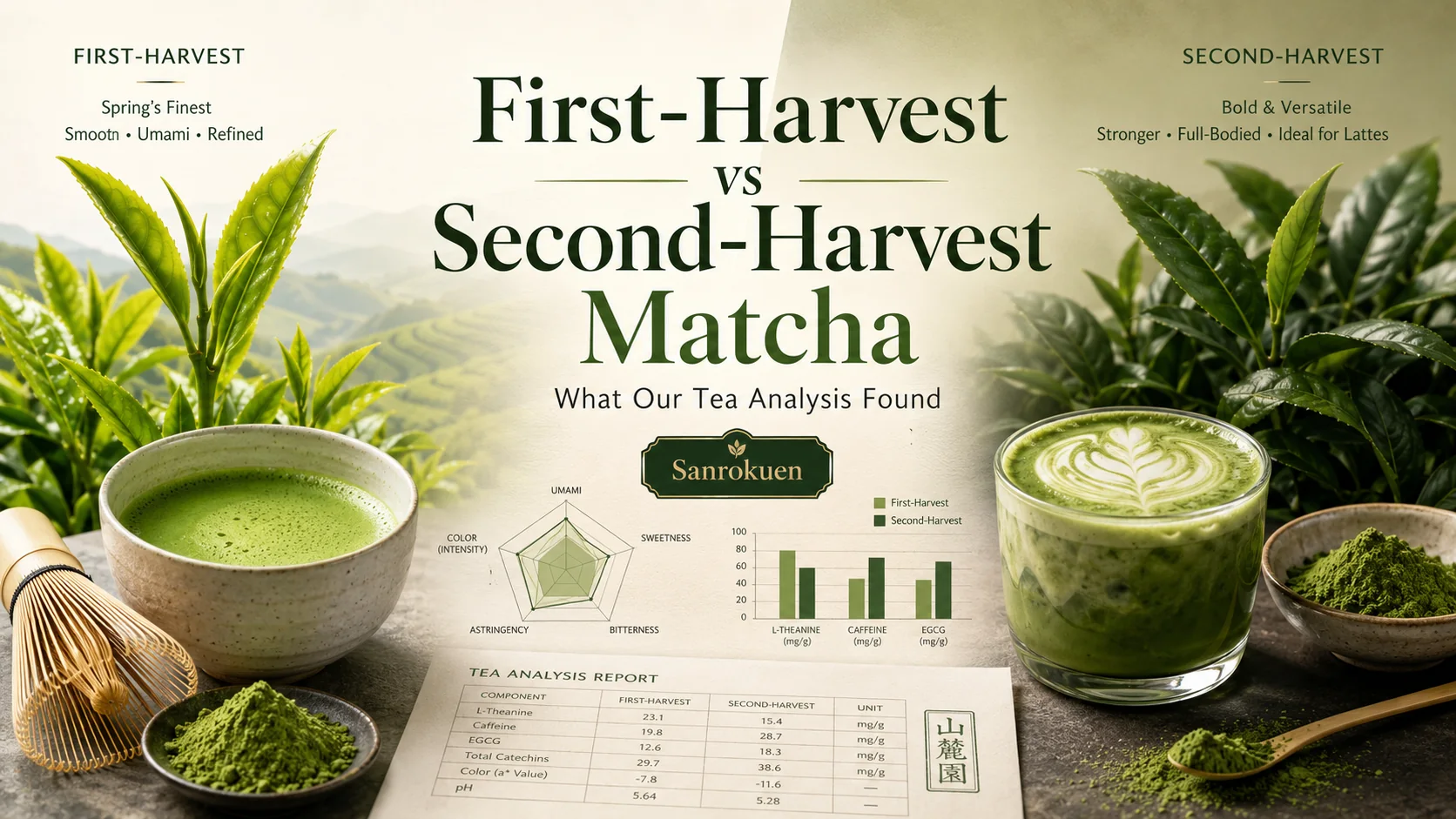 Title image comparing first-harvest and second-harvest matcha with a bowl of matcha, a matcha latte, tea leaves and analysis graphics