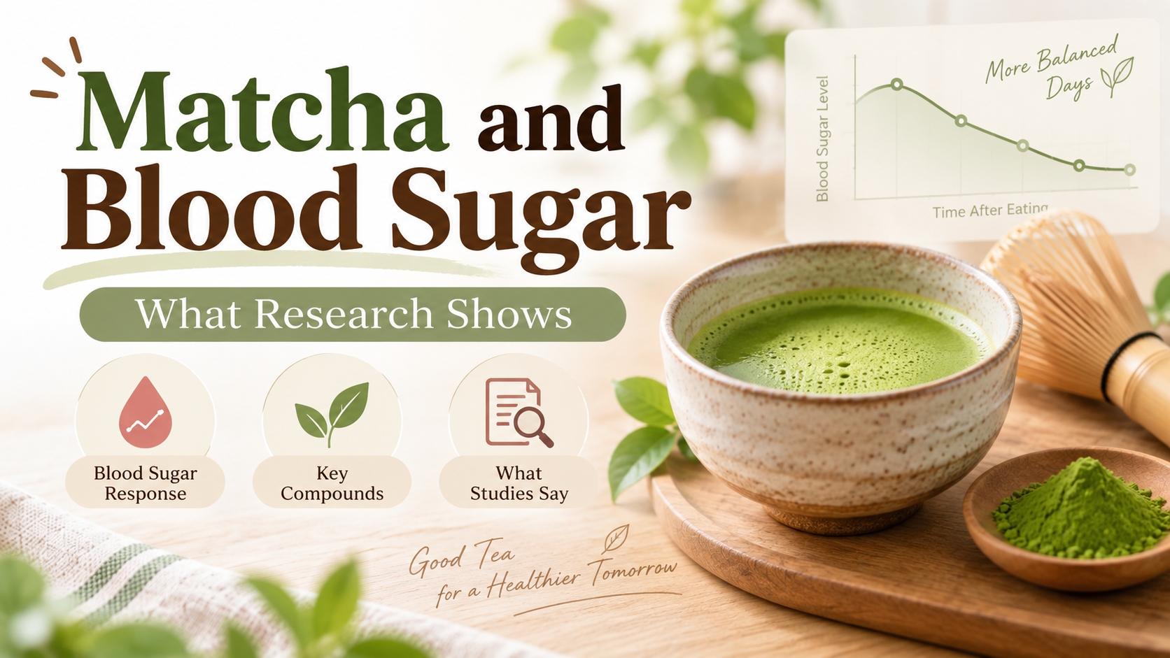 Matcha and blood sugar research guide with a bowl of Japanese matcha and glucose graph