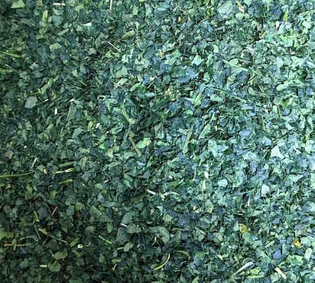 Organic Seimei tencha handled by Sanrokuen, showing flat leafy pieces used for matcha production.