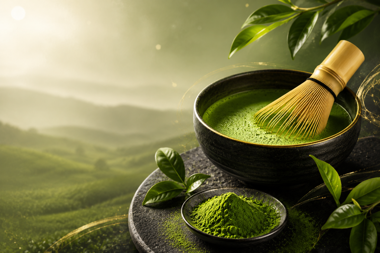 Japanese matcha powder with bamboo whisk and tea leaves