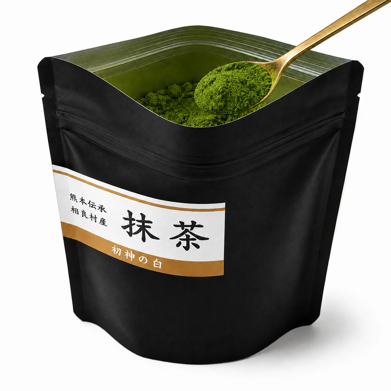 Hatsugami no Shiro Kumamoto matcha pouch opened to show vivid green matcha powder