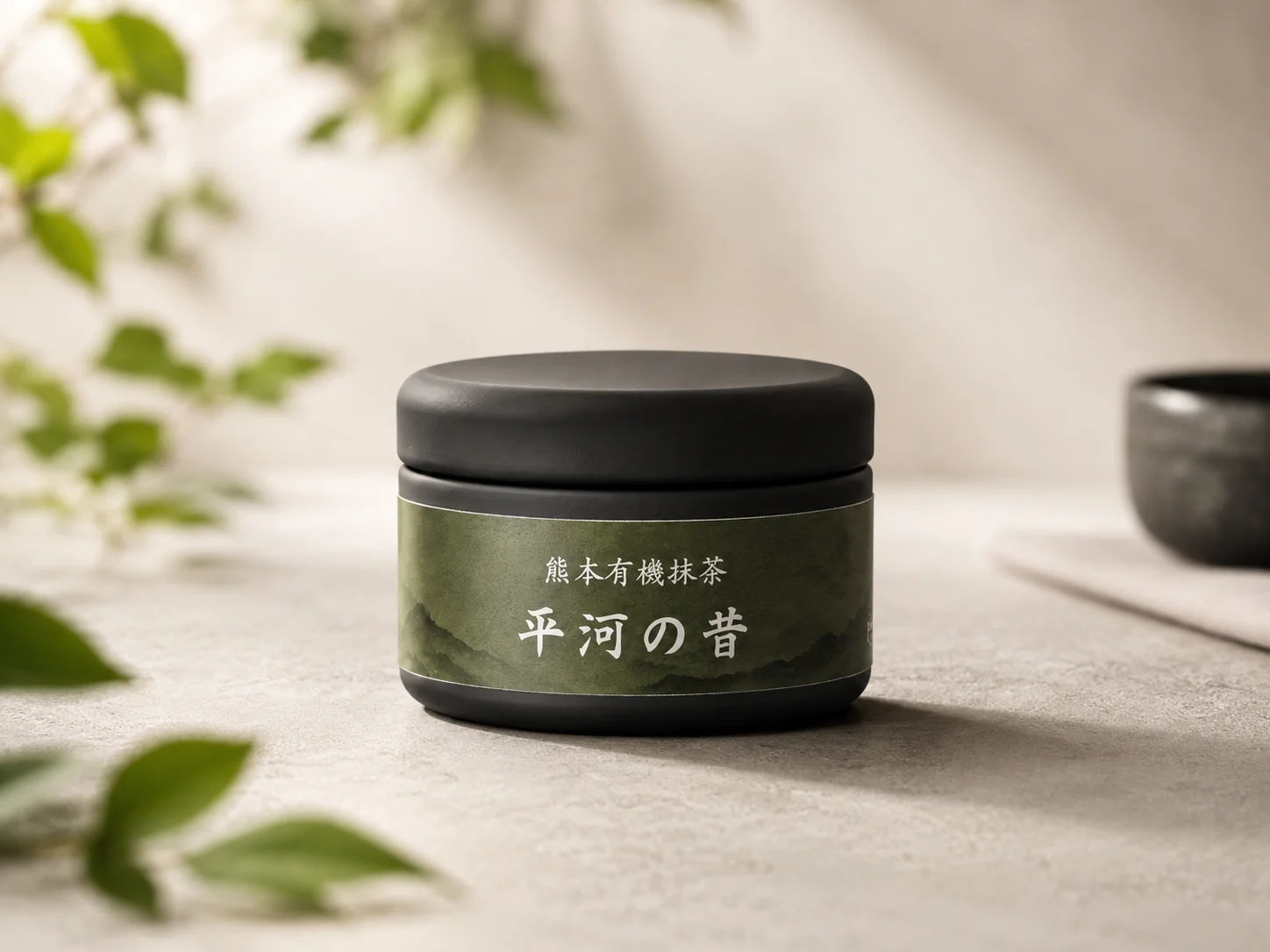 Hirakawa no Mukashi organic Kumamoto matcha in a black tea can