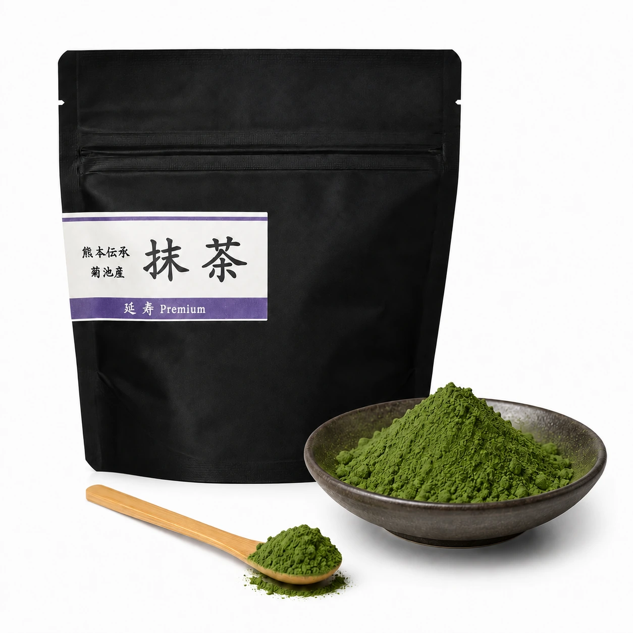 Kikuchi Enju Premium Kumamoto matcha pouch with rich green Tsuyuhikari matcha powder