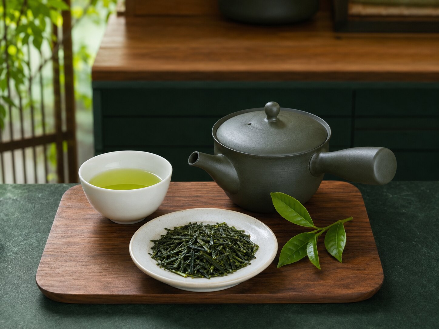 急須で淹れた日本茶と茶葉